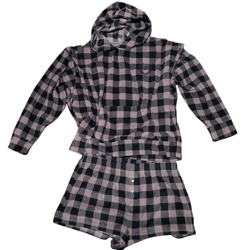 PINK plush plaid hooded pajama set